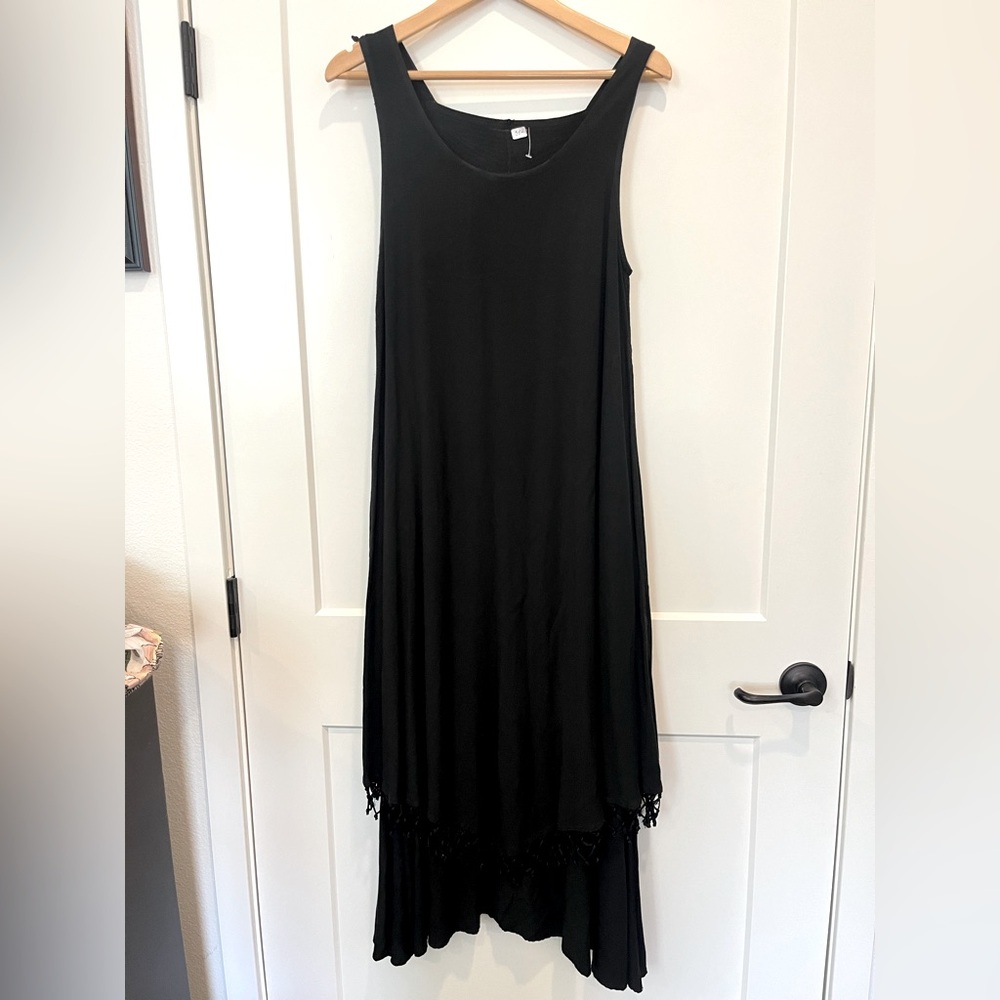 Vtg black sleeveless Lagenlook goth cottagecore layered fringe maxi dress sz M